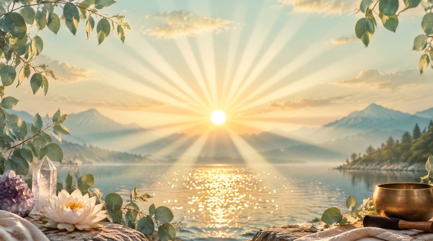 Golden sunrise over a calm lake with lotus and crystals